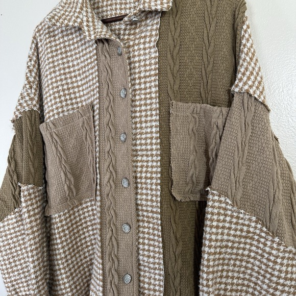 POL Women's M Houndstooth Panel Shacket Mocha Multi Oversized Button Bohemian - Picture 4 of 7